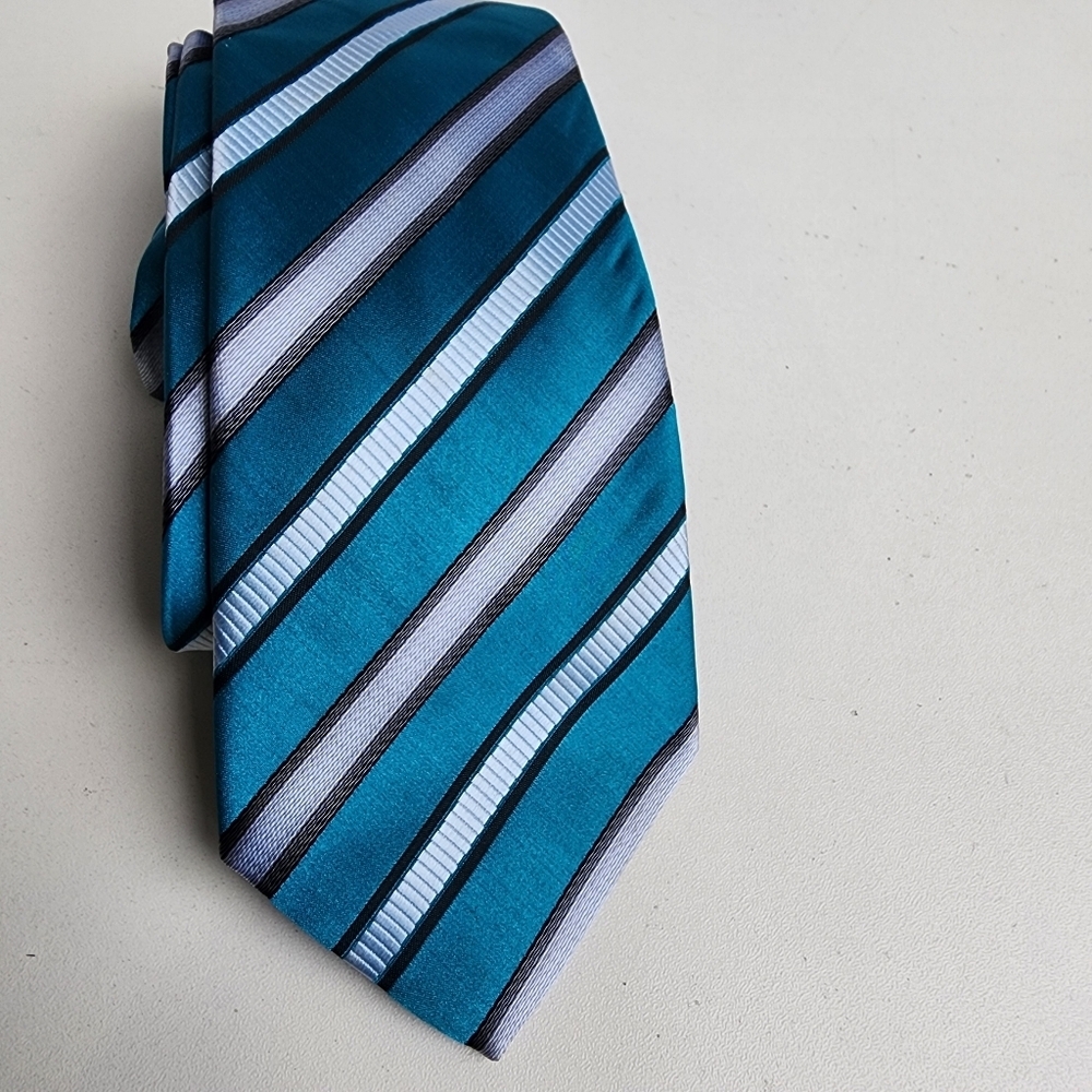 Pavarotti Men's Tie Necktie Teal Turquoise White Black Striped Pattern